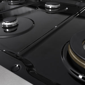 ZLINE 48 in. 6.7 cu. ft. Marino Double Oven Gas Range with 8 Burner Cooktop in Satin Stainless Steel (MGRS-48) close-up, black porcelain cooktop without grates.