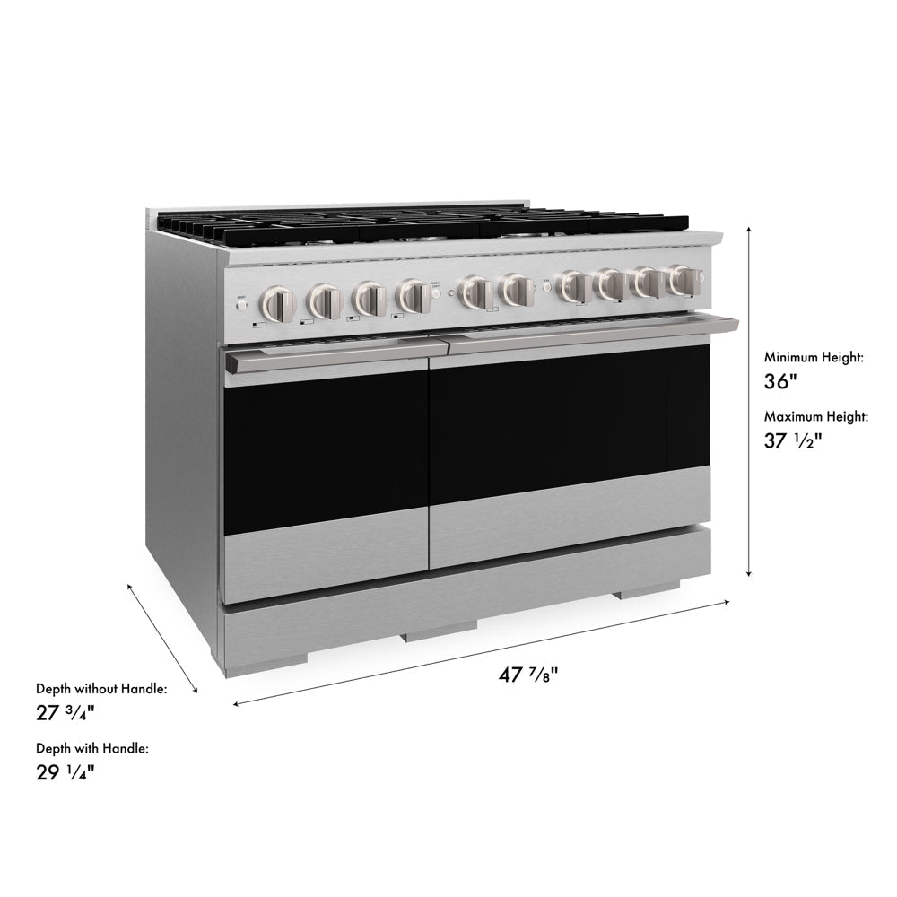 ZLINE 48 in. 6.7 cu. ft. Marino Double Oven Gas Range with 8 Burner Cooktop in Satin Stainless Steel (MGRS-48) with dimensions labeled.