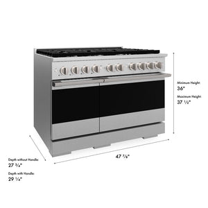 ZLINE 48 in. 6.7 cu. ft. Marino Double Oven Gas Range with 8 Burner Cooktop in Satin Stainless Steel (MGRS-48) with dimensions labeled.