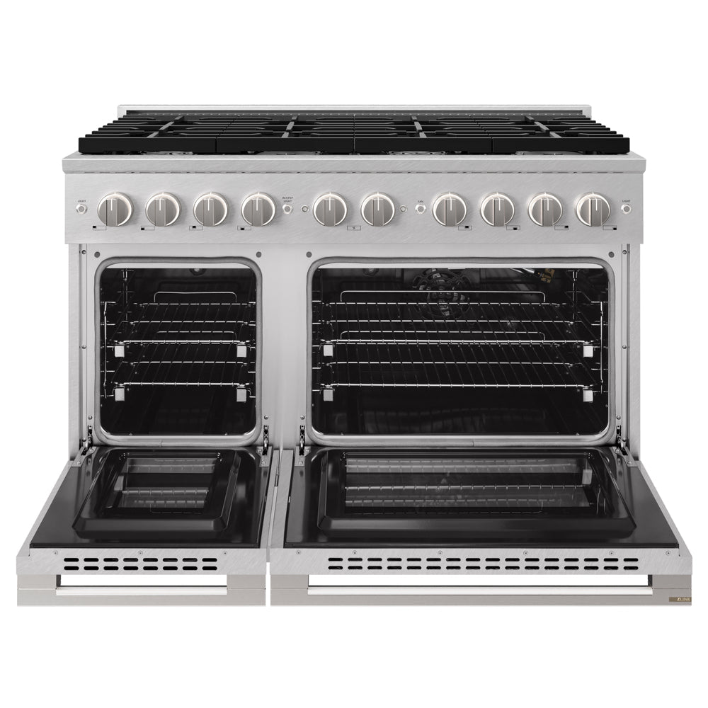 ZLINE 48 in. 6.7 cu. ft. Marino Double Oven Gas Range with 8 Burner Cooktop in Satin Stainless Steel (MGRS-48) front, oven open.