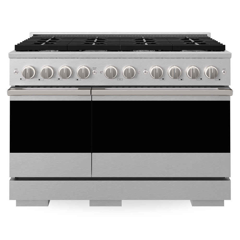 ZLINE 48 in. 6.7 cu. ft. Marino Double Oven Gas Range with 8 Burner Cooktop in Satin Stainless Steel (MGRS-48) front, oven closed.
