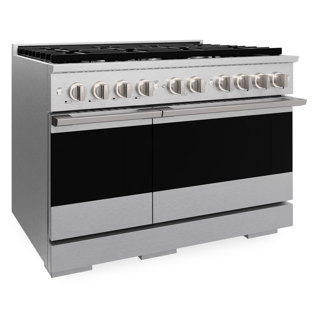 ZLINE 48 in. 6.7 cu. ft. Marino Double Oven Gas Range with 8 Burner Cooktop in Satin Stainless Steel (MGRS-48) side.