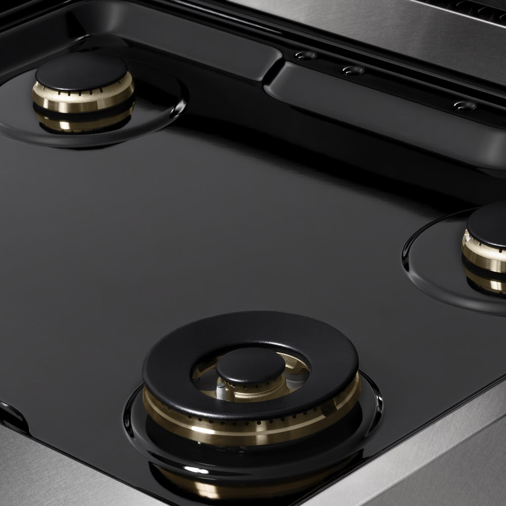 ZLINE 30 in. 4.2 cu. ft. Marino Gas Range with Convection Gas Oven in Satin Stainless Steel with 4 Brass Burners (MGRS-BR-30) close-up, black porcelain cooktop without grates.