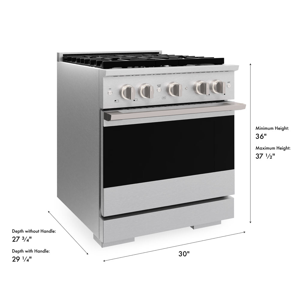 ZLINE 30 in. 4.2 cu. ft. Marino Gas Range with Convection Gas Oven in Satin Stainless Steel with 4 Brass Burners (MGRS-BR-30) with dimensions labeled.
