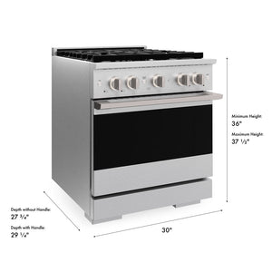 ZLINE 30 in. 4.2 cu. ft. Marino Gas Range with Convection Gas Oven in Satin Stainless Steel with 4 Brass Burners (MGRS-BR-30) with dimensions labeled.