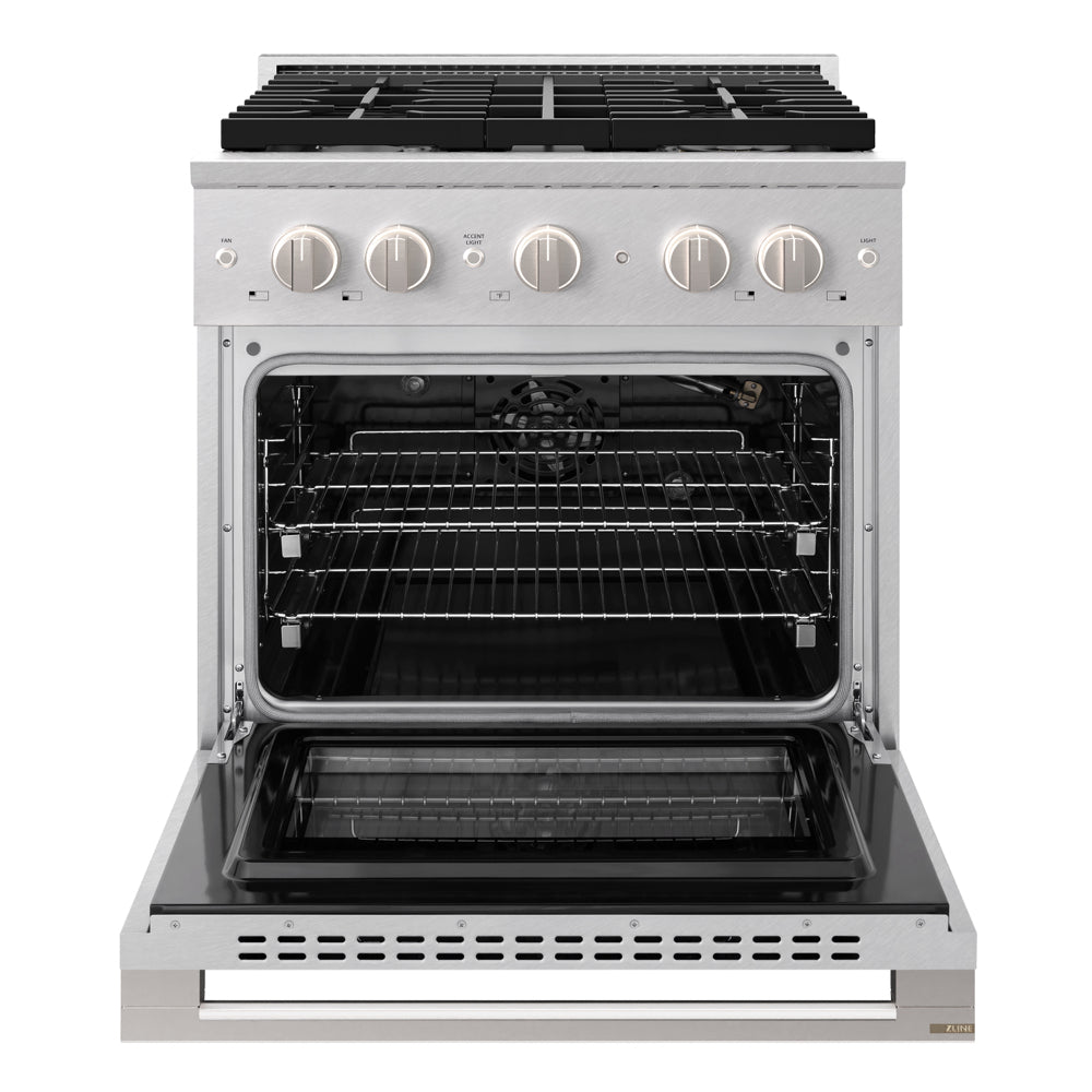 ZLINE 30 in. 4.2 cu. ft. Marino Gas Range with Convection Gas Oven in Satin Stainless Steel with 4 Brass Burners (MGRS-BR-30) front, oven open.