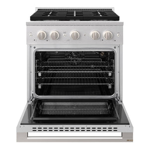 ZLINE 30 in. 4.2 cu. ft. Marino Gas Range with Convection Gas Oven in Satin Stainless Steel with 4 Brass Burners (MGRS-BR-30) front, oven open.