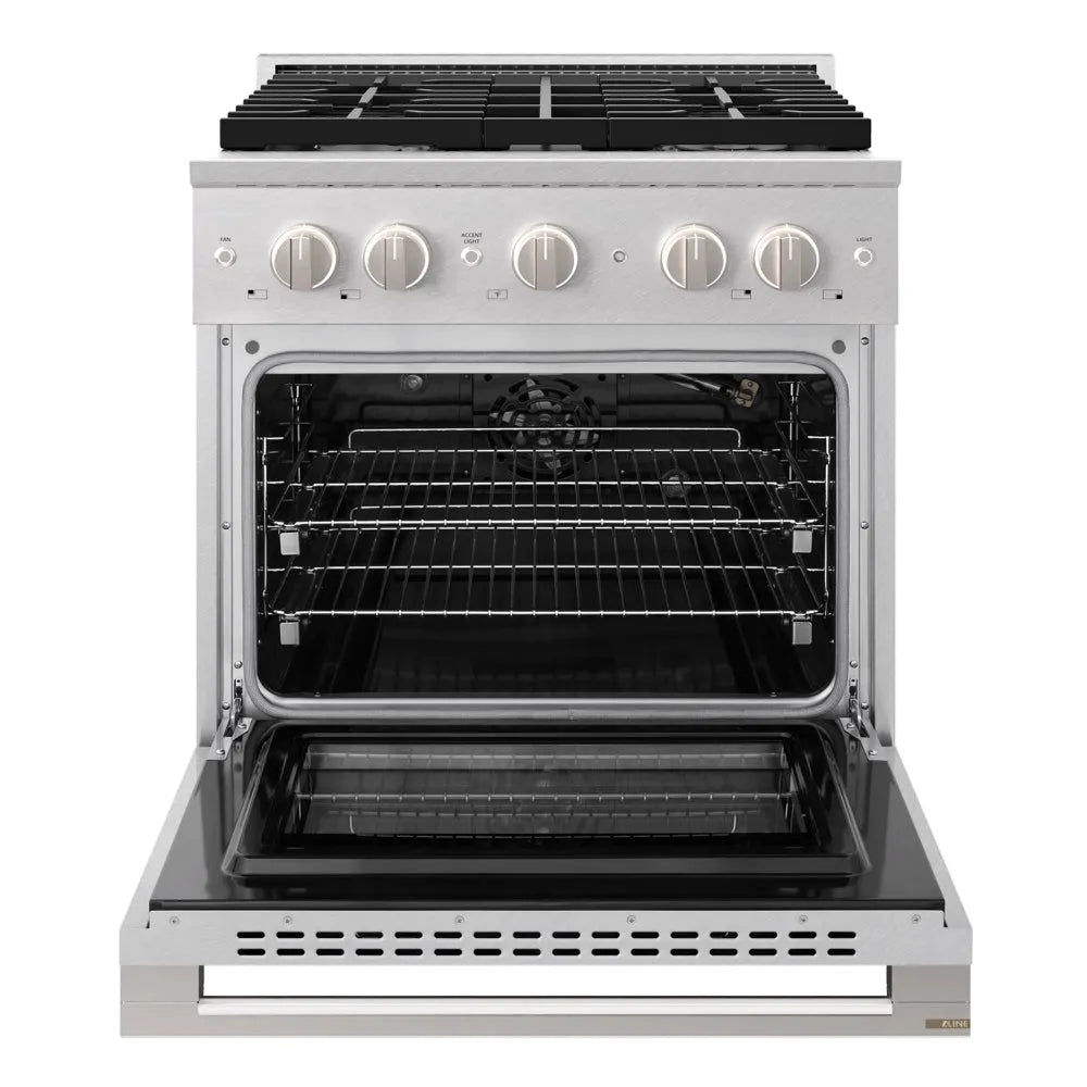 ZLINE 30 in. 4.2 cu. ft. Marino Gas Range with Convection Gas Oven in Satin Stainless Steel with 4 Brass Burners (MGRS-BR-30) front, oven open.