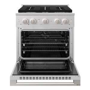 ZLINE 30 in. 4.2 cu. ft. Marino Gas Range with Convection Gas Oven in Satin Stainless Steel with 4 Brass Burners (MGRS-BR-30) front, oven open.