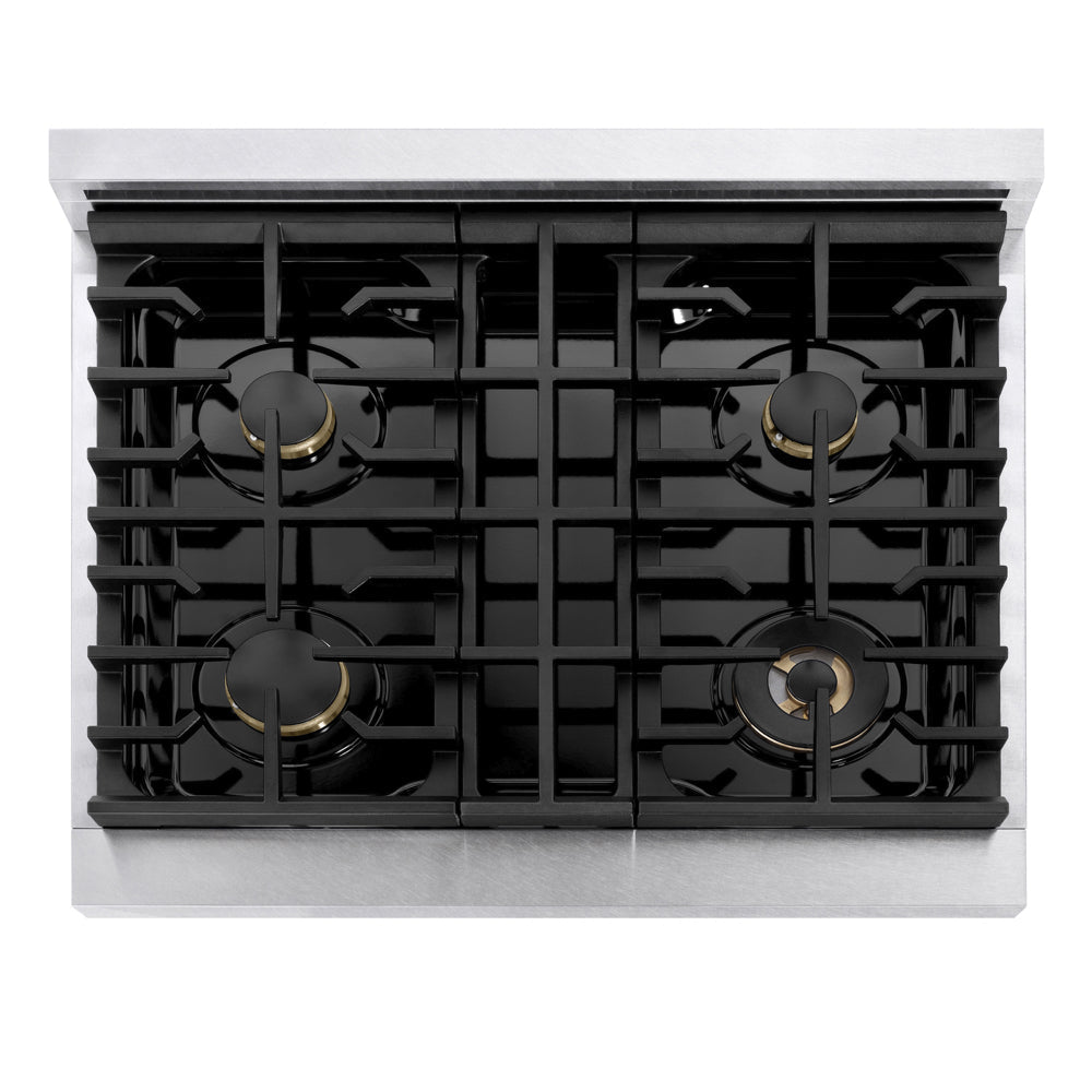 ZLINE 30 in. 4.2 cu. ft. Marino Gas Range with Convection Gas Oven in Satin Stainless Steel with 4 Brass Burners (MGRS-BR-30) top-down, above cooking surface.