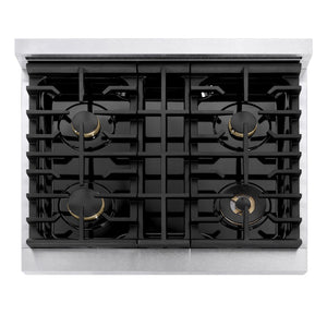 ZLINE 30 in. 4.2 cu. ft. Marino Gas Range with Convection Gas Oven in Satin Stainless Steel with 4 Brass Burners (MGRS-BR-30) top-down, above cooking surface.
