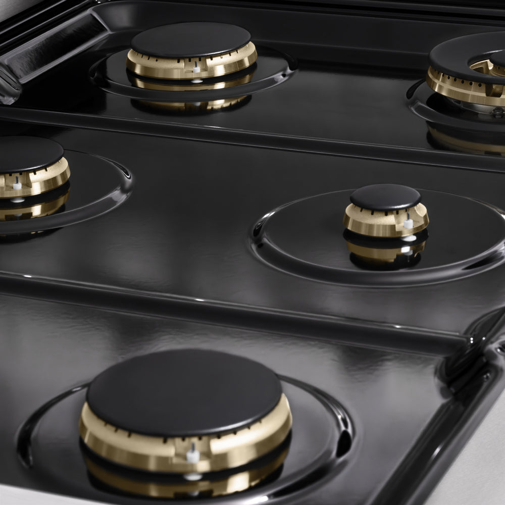 ZLINE 36 in. 5.2 cu. ft. Marino Gas Range with Convection Gas Oven in Satin Stainless Steel with 6 Brass Burners (MGRS-BR-36) close-up, black porcelain cooktop without grates.