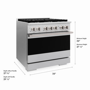 ZLINE 36 in. 5.2 cu. ft. Marino Gas Range with Convection Gas Oven in Satin Stainless Steel with 6 Brass Burners (MGRS-BR-36) with dimensions labeled.