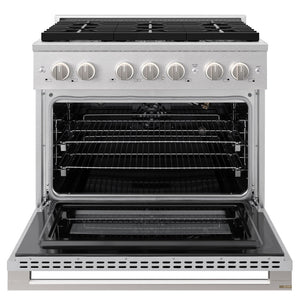 ZLINE 36 in. 5.2 cu. ft. Marino Gas Range with Convection Gas Oven in Satin Stainless Steel with 6 Brass Burners (MGRS-BR-36) front, oven open.