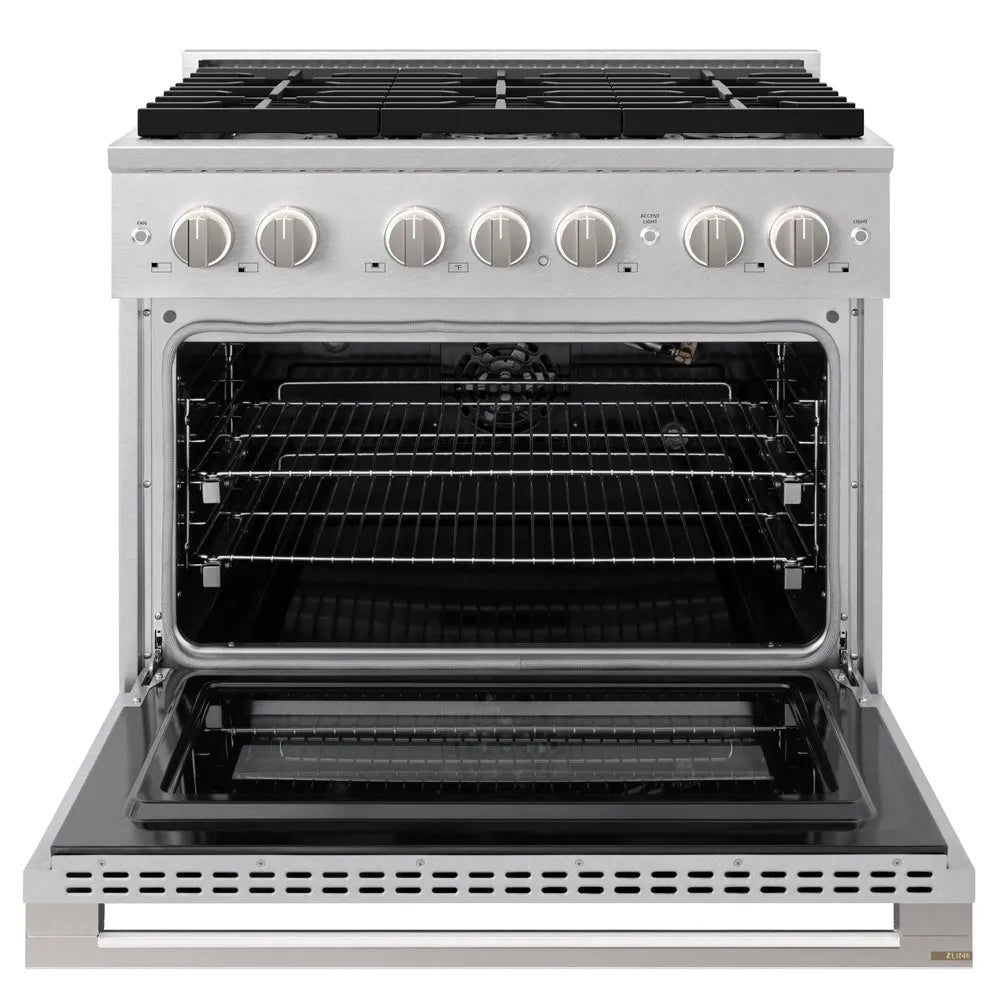 ZLINE 36 in. 5.2 cu. ft. Marino Gas Range with Convection Gas Oven in Satin Stainless Steel with 6 Brass Burners (MGRS-BR-36) front, oven open.