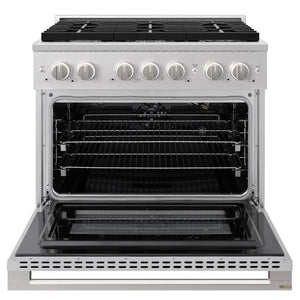 ZLINE 36 in. 5.2 cu. ft. Marino Gas Range with Convection Gas Oven in Satin Stainless Steel with 6 Brass Burners (MGRS-BR-36) front, oven open.