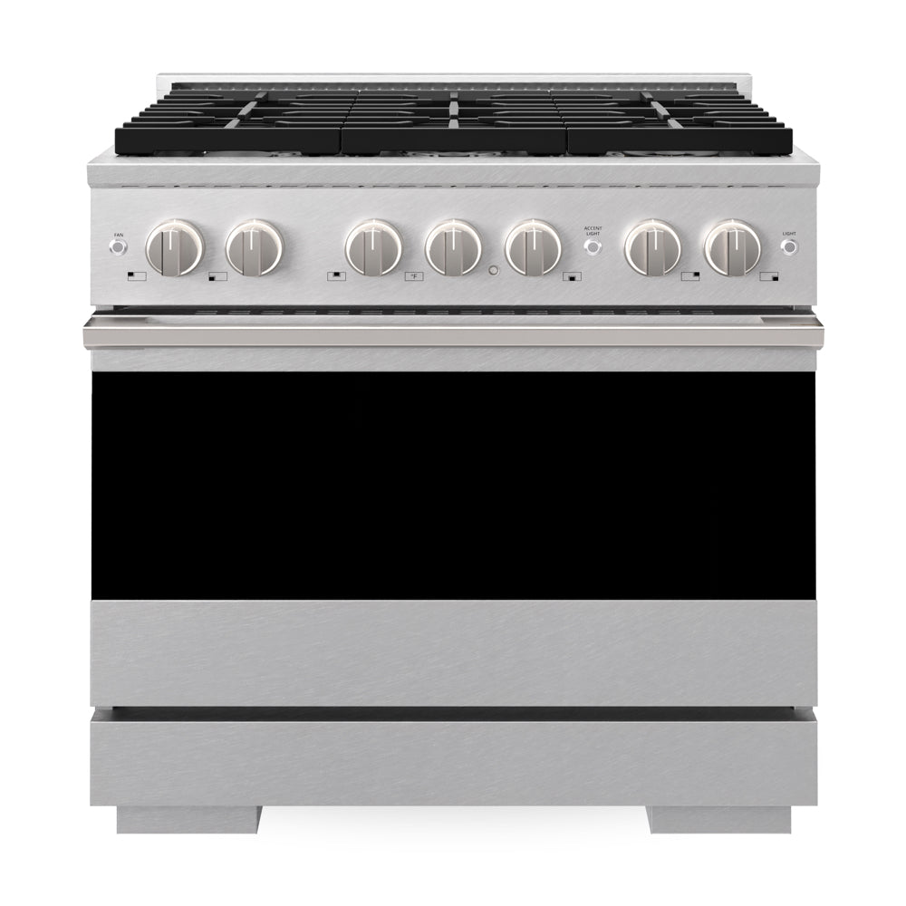 ZLINE 36 in. 5.2 cu. ft. Marino Gas Range with Convection Gas Oven in Satin Stainless Steel with 6 Brass Burners (MGRS-BR-36) front, oven closed.