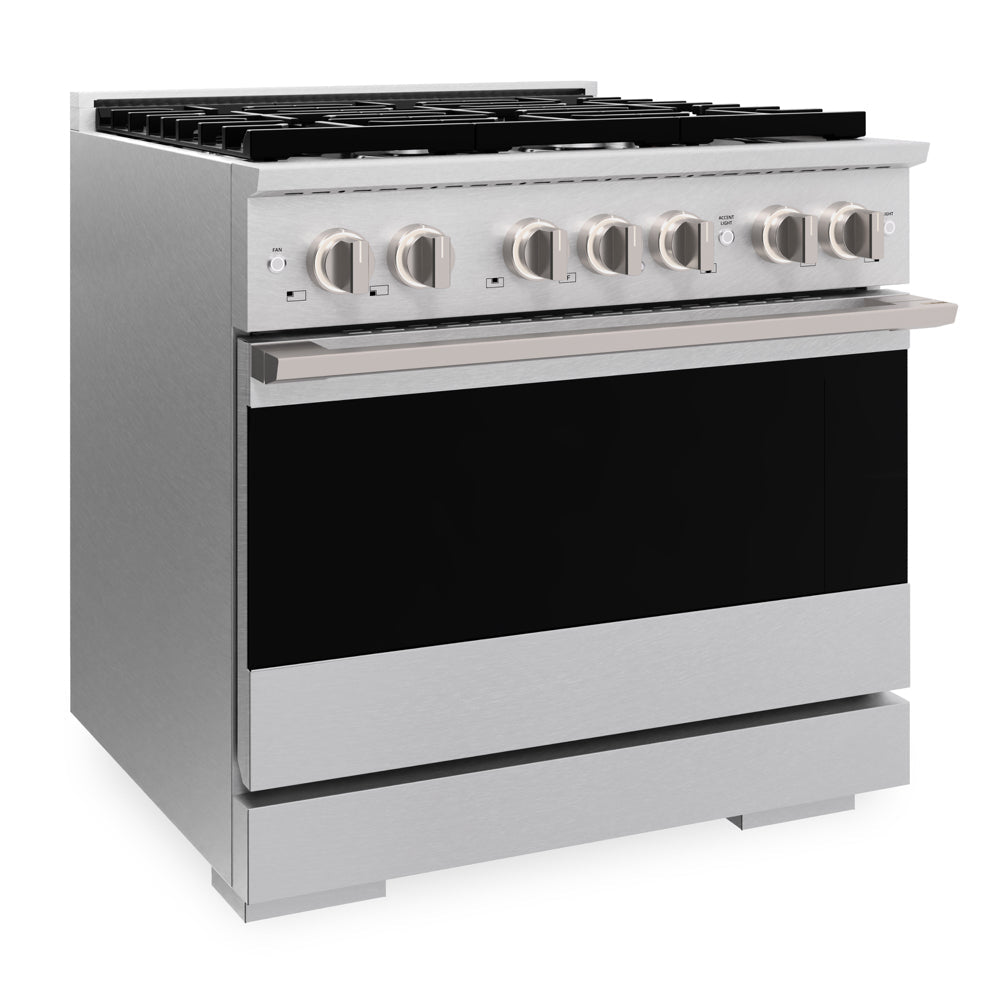 ZLINE 36 in. 5.2 cu. ft. Marino Gas Range with Convection Gas Oven in Satin Stainless Steel with 6 Brass Burners (MGRS-BR-36) side.