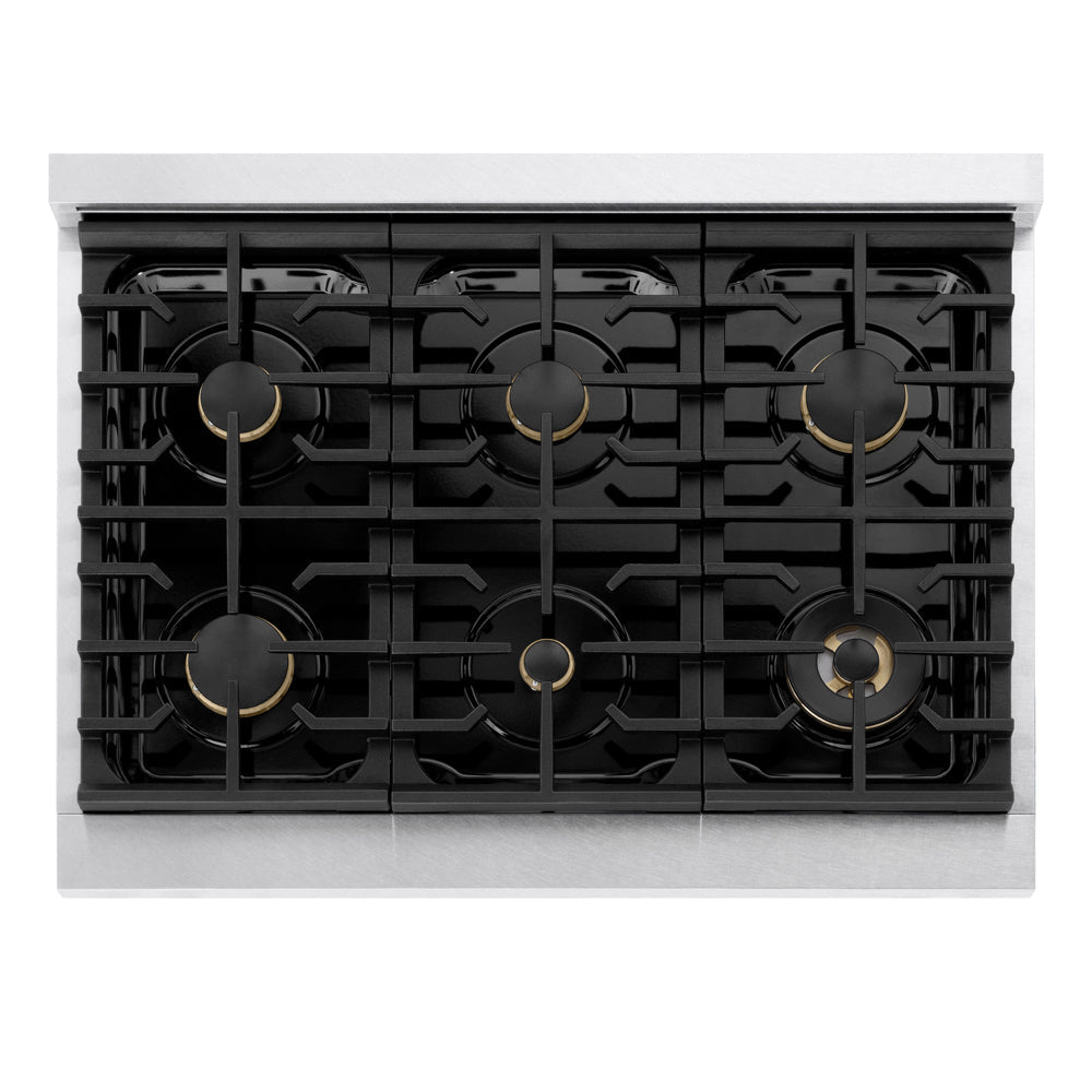 ZLINE 36 in. 5.2 cu. ft. Marino Gas Range with Convection Gas Oven in Satin Stainless Steel with 6 Brass Burners (MGRS-BR-36) top-down, above cooking surface.