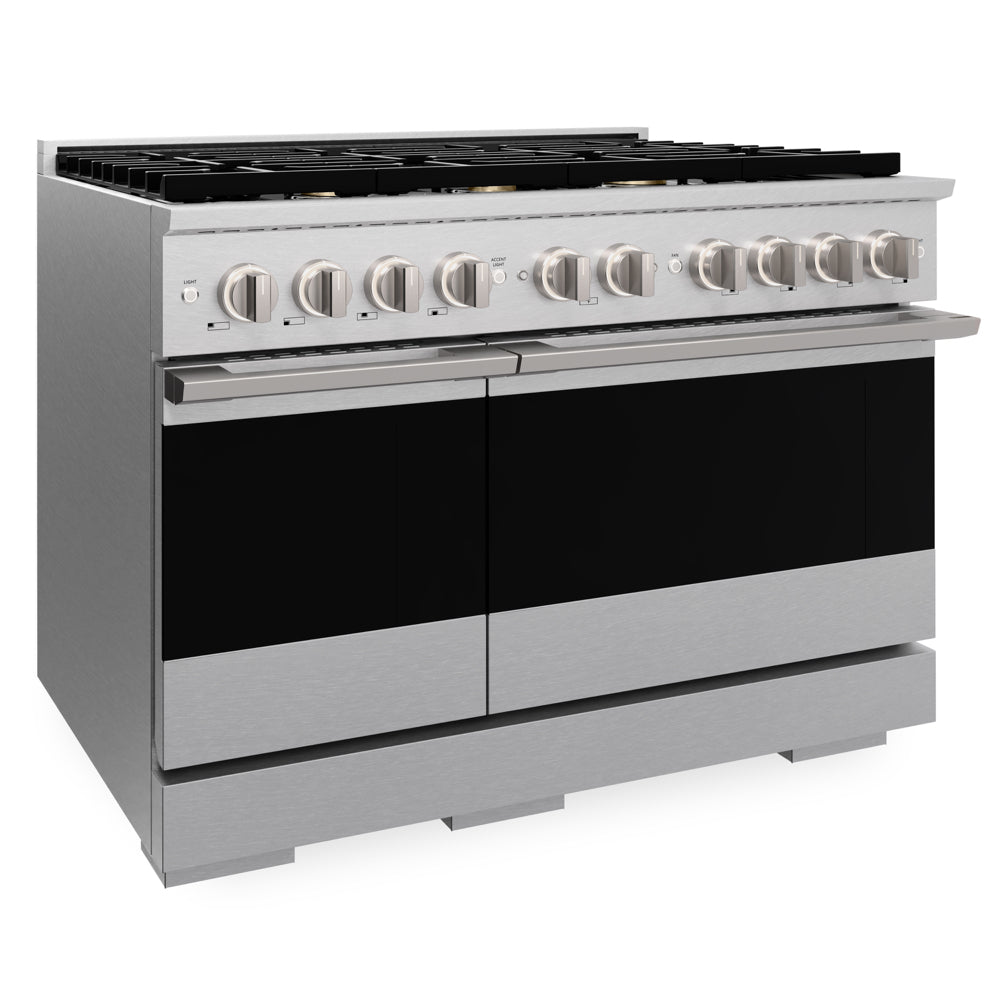 ZLINE 48 in. 6.7 cu. ft. Marino Double Oven Gas Range in Satin Stainless Steel with 8 Brass Burners (MGRS-BR-48) side.