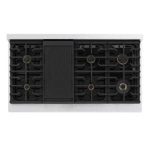 ZLINE 48 in. 6.7 cu. ft. Marino Double Oven Gas Range in Satin Stainless Steel with 8 Brass Burners (MGRS-BR-48) top-down, above cooking surface.
