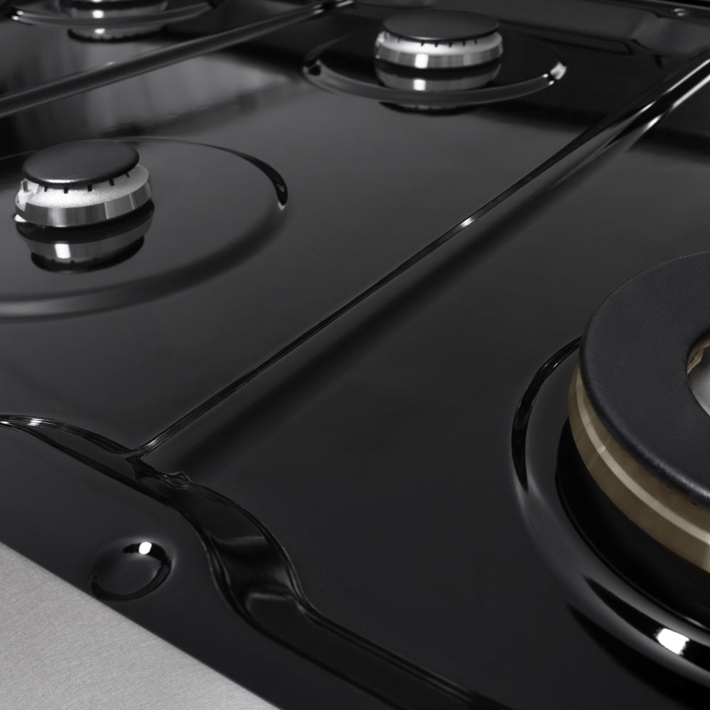 ZLINE 48 in. 6.7 cu. ft. Marino Double Oven Gas Range with 8 Burner Cooktop in Satin Stainless Steel with White Matte Doors (MGRS-WM-48) close-up, black porcelain cooktop without grates.