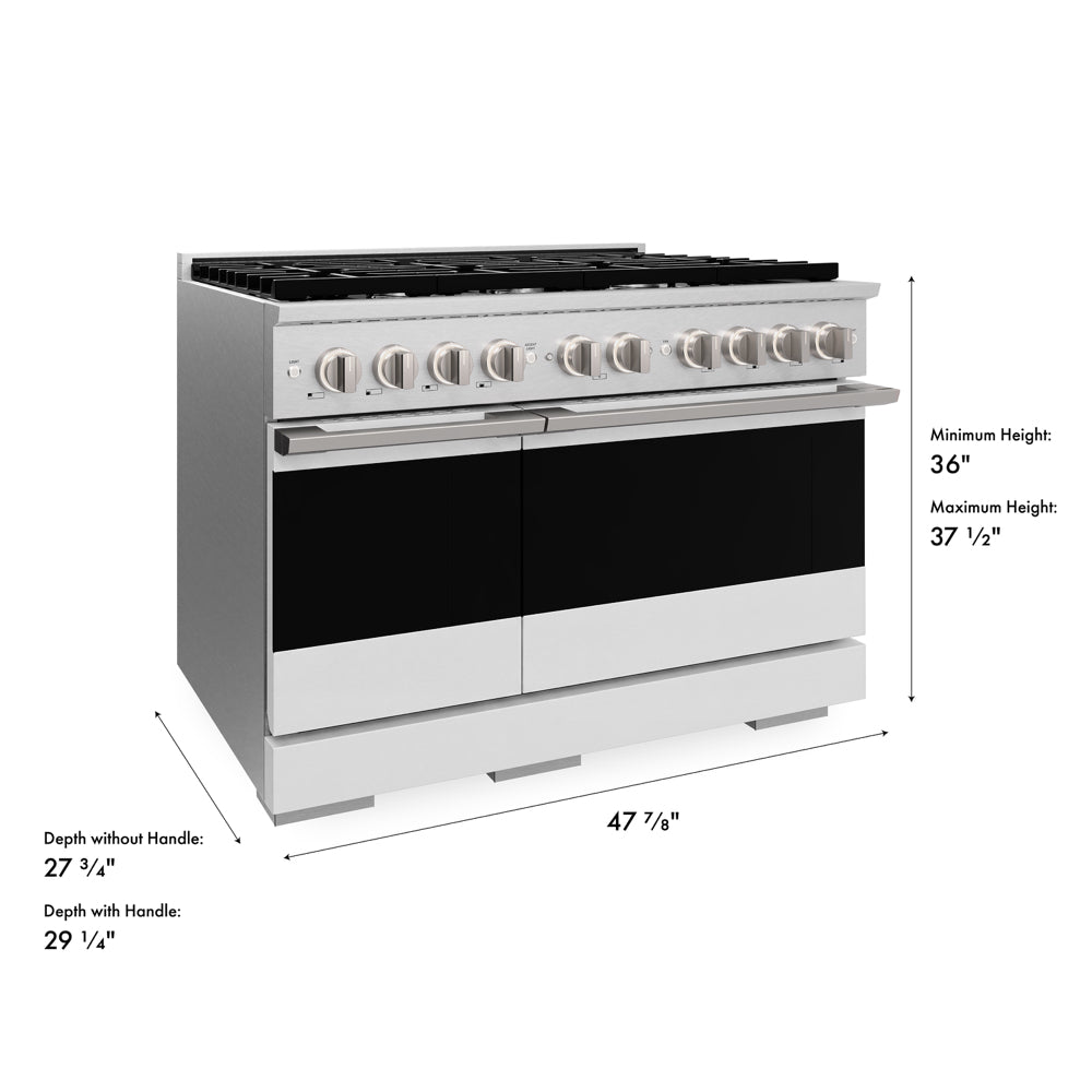 ZLINE 48 in. 6.7 cu. ft. Marino Double Oven Gas Range with 8 Burner Cooktop in Satin Stainless Steel with White Matte Doors (MGRS-WM-48) with dimensions labeled.