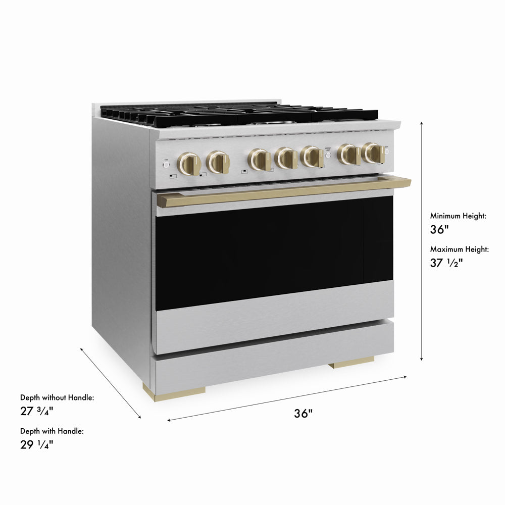 ZLINE Autograph Edition 36 in. 5.2 cu. ft. Marino Gas Range with 6 Burner Cooktop and Convection Gas Oven in Satin Stainless Steel and Champagne Bronze Accents (MGRSZ-36-CB)