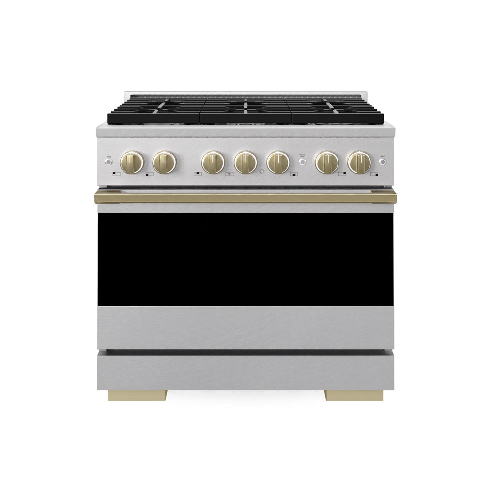 ZLINE Autograph Edition 36 in. 5.2 cu. ft. Marino Gas Range with 6 Burner Cooktop and Convection Gas Oven in Satin Stainless Steel and Champagne Bronze Accents (MGRSZ-36-CB)