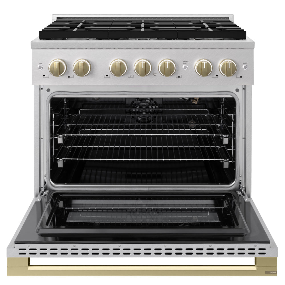 ZLINE Autograph Edition 36 in. 5.2 cu. ft. Marino Gas Range with 6 Burner Cooktop and Convection Gas Oven in Satin Stainless Steel and Champagne Bronze Accents (MGRSZ-36-CB)
