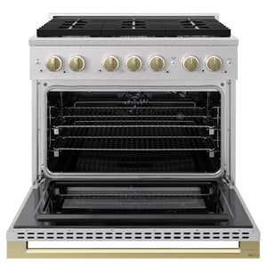 ZLINE Autograph Edition 36 in. 5.2 cu. ft. Marino Gas Range with 6 Burner Cooktop and Convection Gas Oven in Satin Stainless Steel and Champagne Bronze Accents (MGRSZ-36-CB)