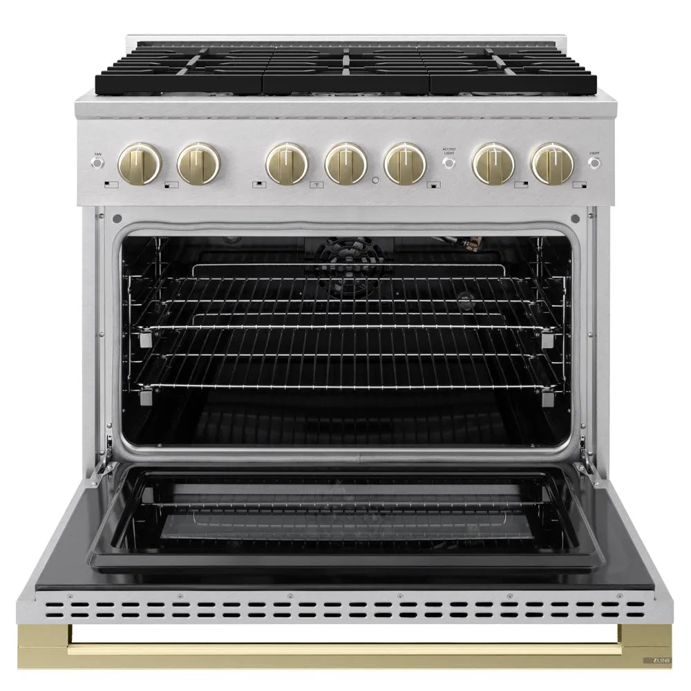 ZLINE Autograph Edition 36 in. 5.2 cu. ft. Marino Gas Range with 6 Burner Cooktop and Convection Gas Oven in Satin Stainless Steel and Champagne Bronze Accents (MGRSZ-36-CB) front, oven open.