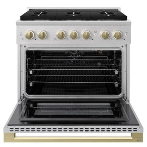 ZLINE Autograph Edition 36 in. 5.2 cu. ft. Marino Gas Range with 6 Burner Cooktop and Convection Gas Oven in Satin Stainless Steel and Champagne Bronze Accents (MGRSZ-36-CB) front, oven open.