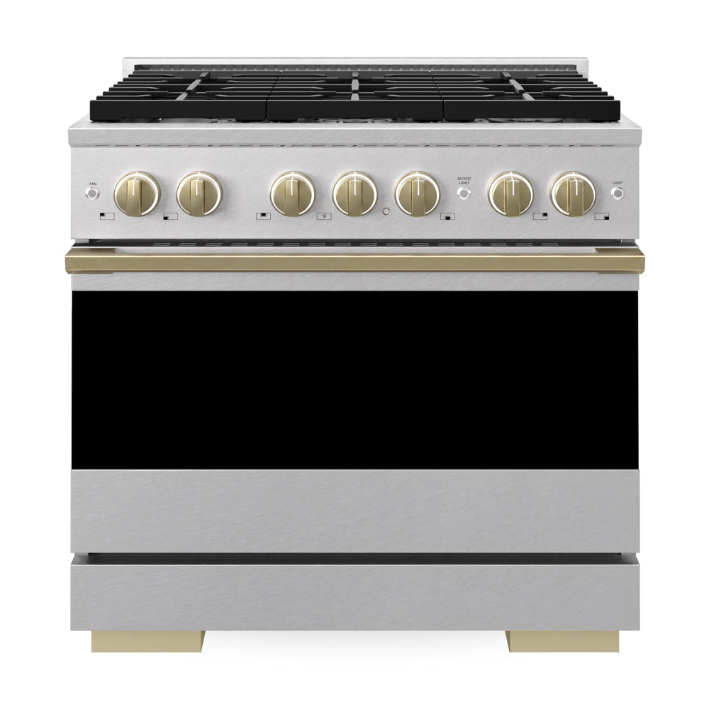 ZLINE Autograph Edition 36 in. 5.2 cu. ft. Marino Gas Range with 6 Burner Cooktop and Convection Gas Oven in Satin Stainless Steel and Champagne Bronze Accents (MGRSZ-36-CB)
