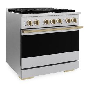 ZLINE Autograph Edition 36 in. 5.2 cu. ft. Marino Gas Range with 6 Burner Cooktop and Convection Gas Oven in Satin Stainless Steel and Champagne Bronze Accents (MGRSZ-36-CB)