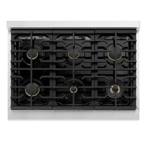 ZLINE Autograph Edition 36 in. 5.2 cu. ft. Marino Gas Range with 6 Burner Cooktop and Convection Gas Oven in Satin Stainless Steel and Champagne Bronze Accents (MGRSZ-36-CB)