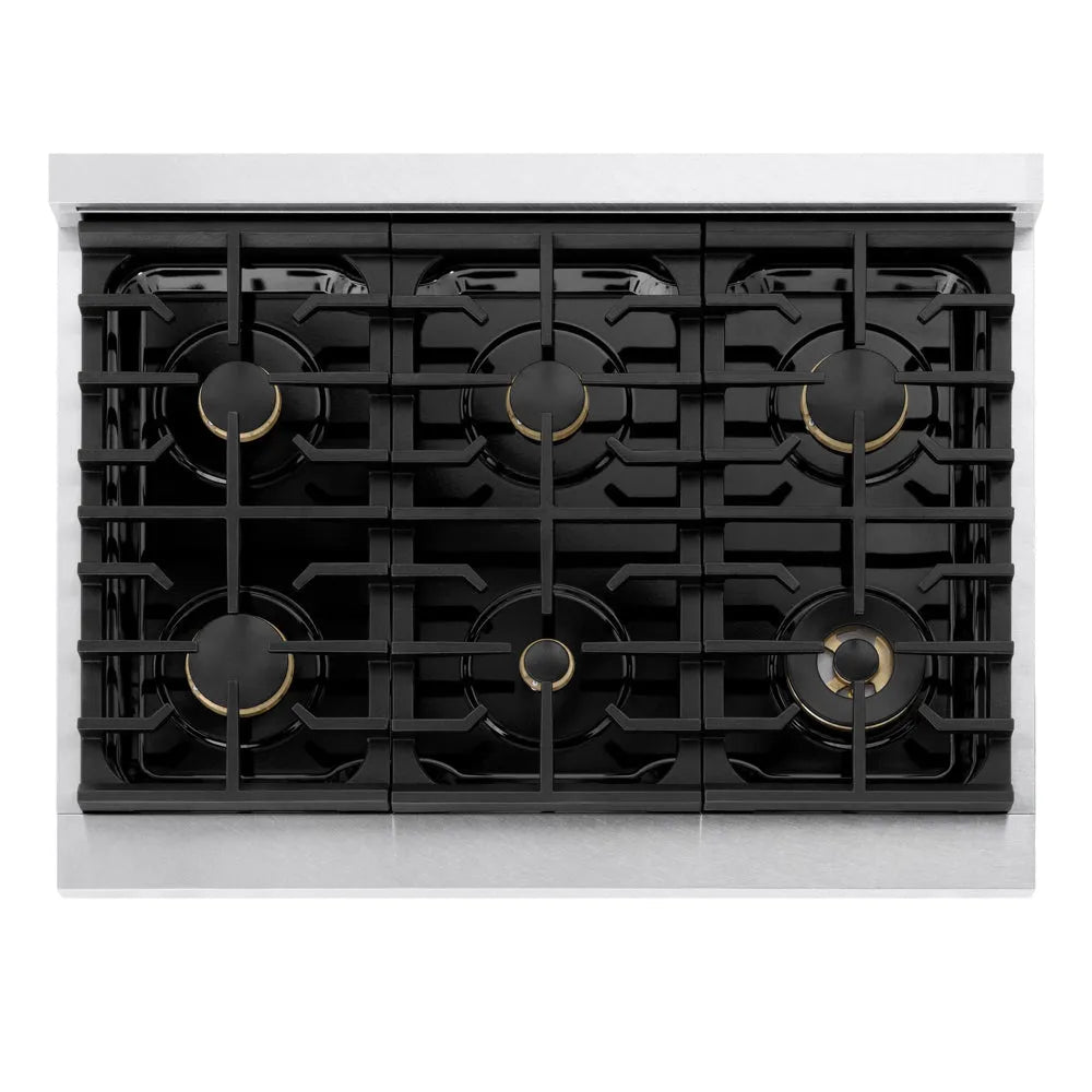 ZLINE Autograph Edition 36 in. 5.2 cu. ft. Marino Gas Range with 6 Burner Cooktop and Convection Gas Oven in Satin Stainless Steel and Champagne Bronze Accents (MGRSZ-36-CB) top-down, above cooking surface.