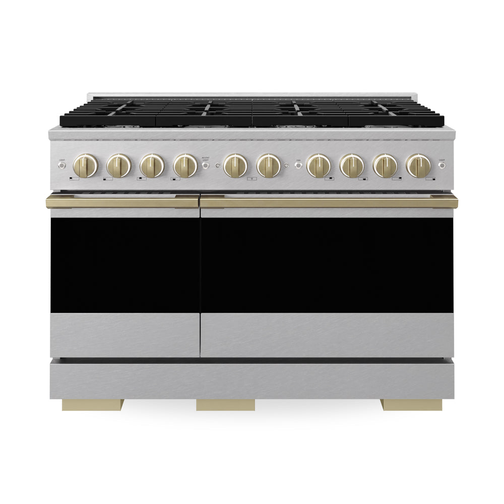 ZLINE Autograph Edition 48 in. 6.7 cu. ft. Marino Double Oven Gas Range with 8 Burner Cooktop in Satin Stainless Steel and Champagne Bronze Accents (MGRSZ-48-CB)