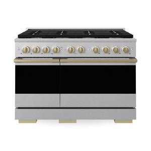 ZLINE Autograph Edition 48 in. 6.7 cu. ft. Marino Double Oven Gas Range with 8 Burner Cooktop in Satin Stainless Steel and Champagne Bronze Accents (MGRSZ-48-CB)