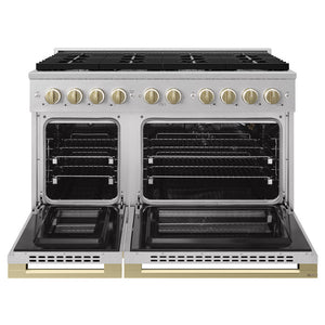ZLINE Autograph Edition 48 in. 6.7 cu. ft. Marino Double Oven Gas Range with 8 Burner Cooktop in Satin Stainless Steel and Champagne Bronze Accents (MGRSZ-48-CB)