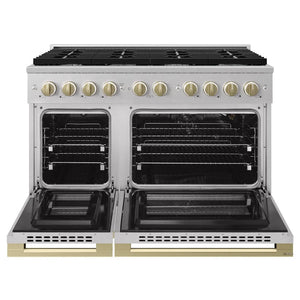 ZLINE Autograph Edition 48 in. 6.7 cu. ft. Marino Double Oven Gas Range with 8 Burner Cooktop in Satin Stainless Steel and Champagne Bronze Accents (MGRSZ-48-CB) front, oven open.