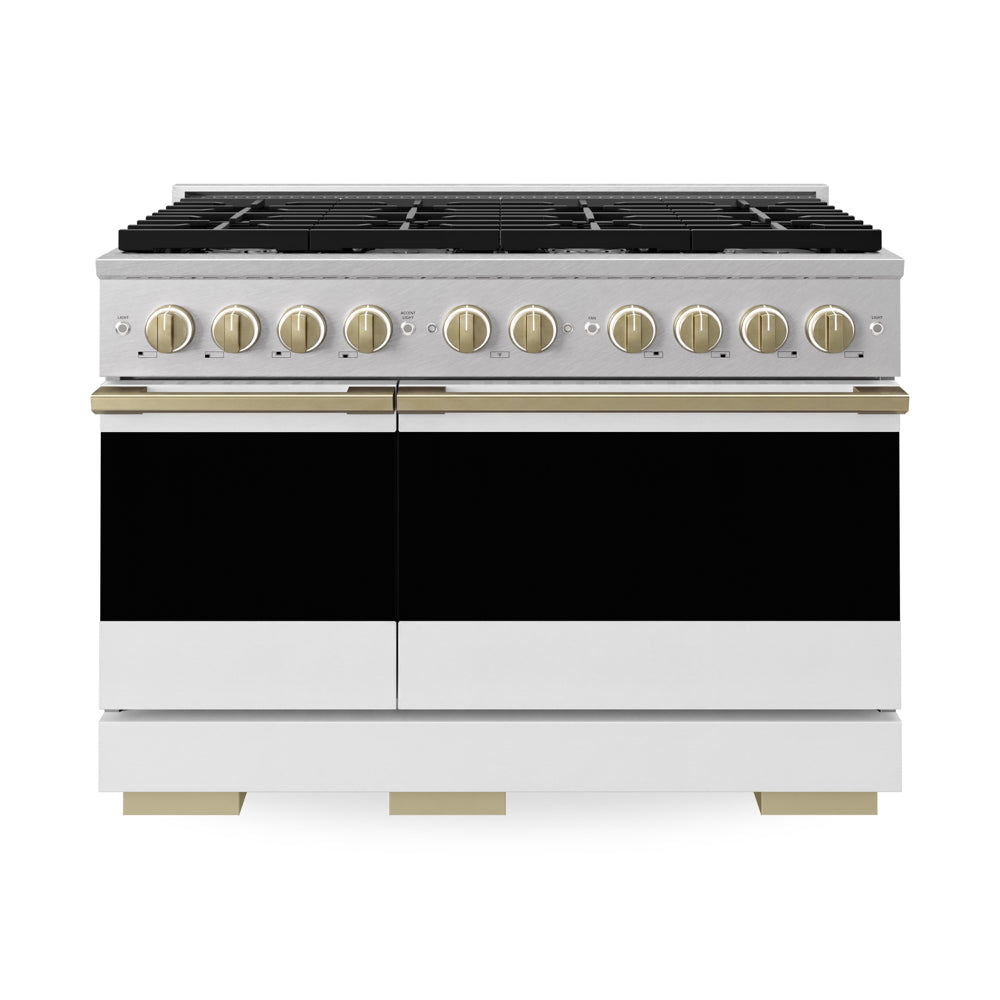 ZLINE Autograph Edition 48 in. 6.7 cu. ft. Marino Double Oven Gas Range with 8 Burner Cooktop in Satin Stainless Steel with White Matte Doors and Champagne Bronze Accents (MGRSZ-WM-48-CB)