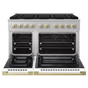 ZLINE Autograph Edition 48 in. 6.7 cu. ft. Marino Double Oven Gas Range with 8 Burner Cooktop in Satin Stainless Steel with White Matte Doors and Champagne Bronze Accents (MGRSZ-WM-48-CB) front, oven open.