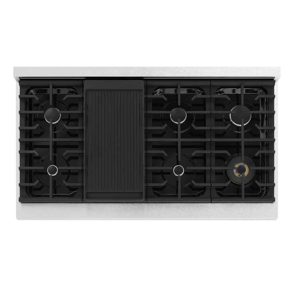 ZLINE Autograph Edition 48 in. 6.7 cu. ft. Marino Double Oven Gas Range with 8 Burner Cooktop in Satin Stainless Steel with White Matte Doors and Champagne Bronze Accents (MGRSZ-WM-48-CB)