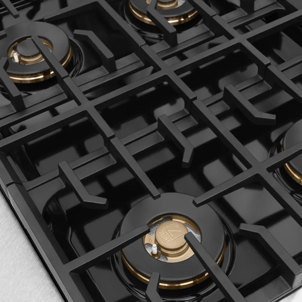 ZLINE 30 in. 4.2 cu. ft. Marino Gas Range with 4 Burner DuoPro™ Cooktop and Convection Gas Oven in Satin Stainless Steel (PMGRS-30) close-up, black gas burner caps and cast iron grates.