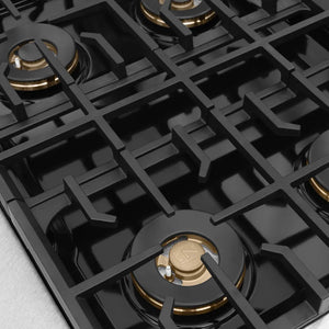 ZLINE 30 in. 4.2 cu. ft. Marino Gas Range with 4 Burner DuoPro™ Cooktop and Convection Gas Oven in Satin Stainless Steel (PMGRS-30) close-up, black gas burner caps and cast iron grates.