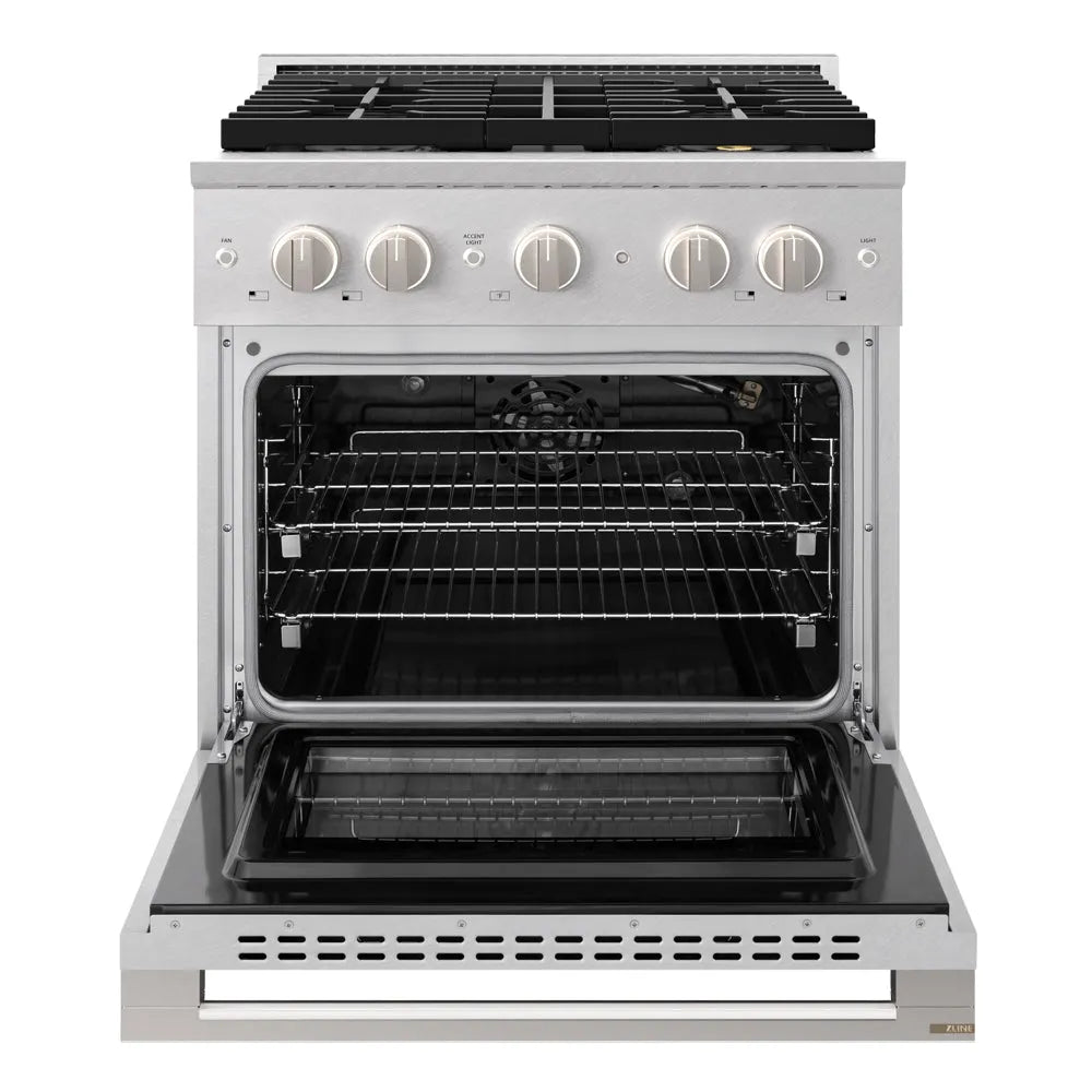 ZLINE 30 in. 4.2 cu. ft. Marino Gas Range with 4 Burner DuoPro™ Cooktop and Convection Gas Oven in Satin Stainless Steel (PMGRS-30) front, oven open.