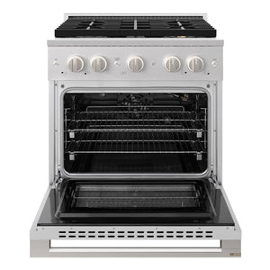 ZLINE 30 in. 4.2 cu. ft. Marino Gas Range with 4 Burner DuoPro™ Cooktop and Convection Gas Oven in Satin Stainless Steel (PMGRS-30) front, oven open.