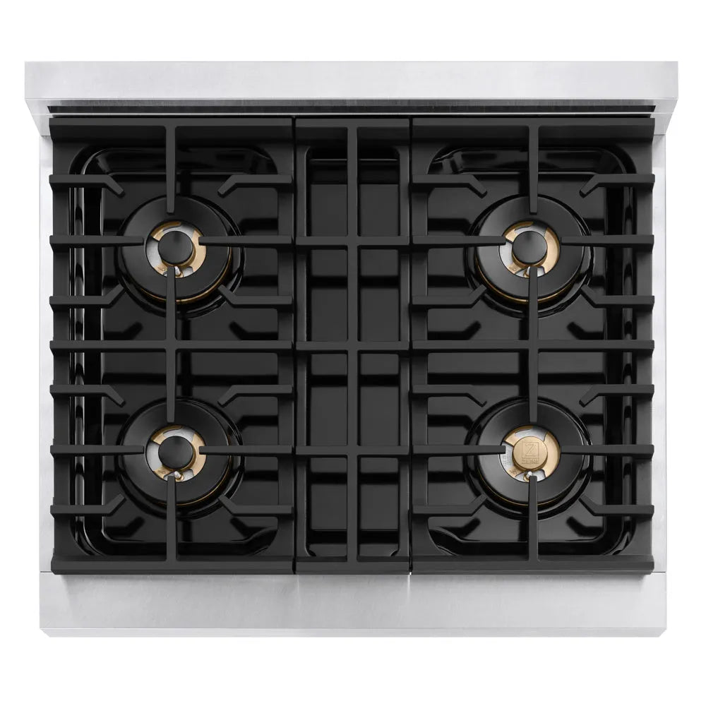 ZLINE 30 in. 4.2 cu. ft. Marino Gas Range with 4 Burner DuoPro™ Cooktop and Convection Gas Oven in Satin Stainless Steel (PMGRS-30) top-down, above cooking surface.