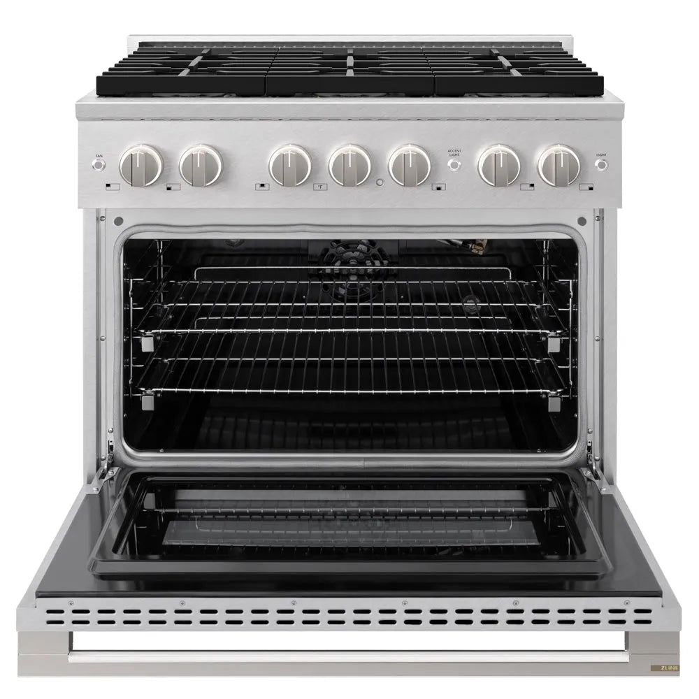 ZLINE 36 in. 5.2 cu. ft. Marino Gas Range with 6 Burner DuoPro™ Cooktop and Convection Gas Oven in Satin Stainless Steel (PMGRS-36) front, oven open.